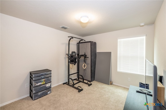 workout room featuring a textured ceiling and light colored carpet