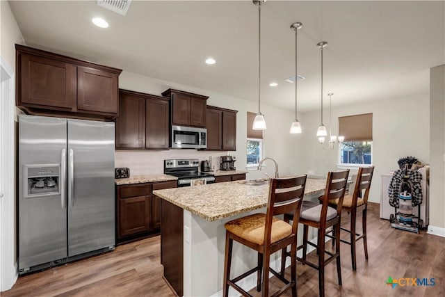 kitchen featuring a breakfast bar area, light stone counters, a center island with sink, pendant lighting, and stainless steel appliances