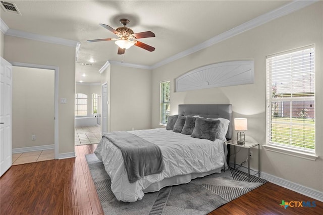 402 Prospector Trl, Harker Heights, TX 76548 - bedroom featuring wood finished floors, ornamental molding, connected bathroom, recessed lighting, and a ceiling fan