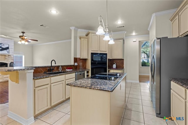 402 Prospector Trl, Harker Heights, TX 76548 - kitchen featuring cream cabinets, black appliances, ceiling fan, a peninsula, and ornamental molding