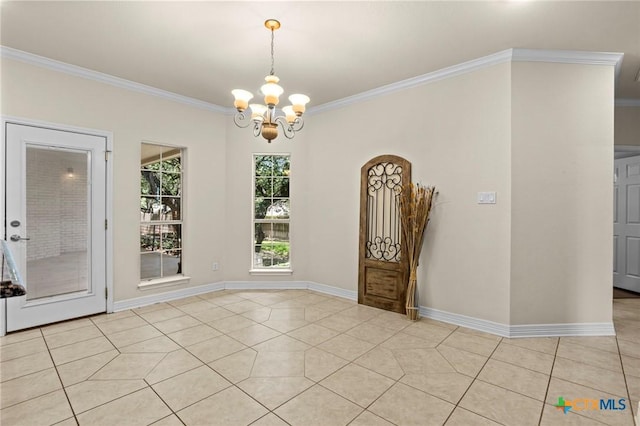 402 Prospector Trl, Harker Heights, TX 76548 - unfurnished dining area featuring crown molding, light tile patterned floors, and a chandelier