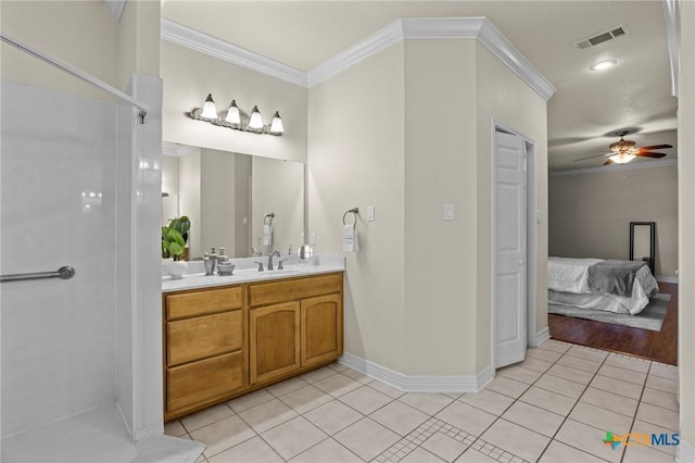 402 Prospector Trl, Harker Heights, TX 76548 - full bathroom with crown molding, ceiling fan, double vanity, tile patterned floors, and ensuite bathroom