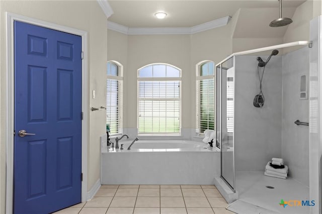 402 Prospector Trl, Harker Heights, TX 76548 - bathroom featuring a stall shower, a garden tub, ornamental molding, and tile patterned flooring