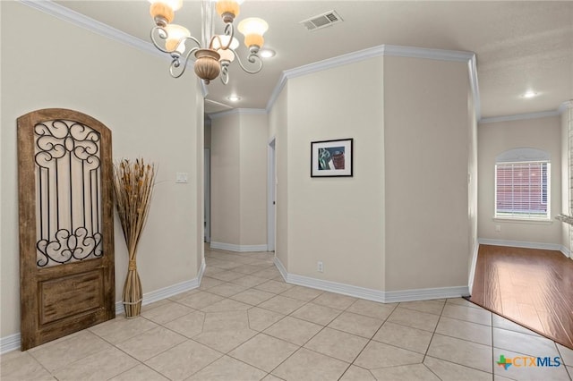 402 Prospector Trl, Harker Heights, TX 76548 - entrance foyer with a chandelier, crown molding, light tile patterned floors, and recessed lighting