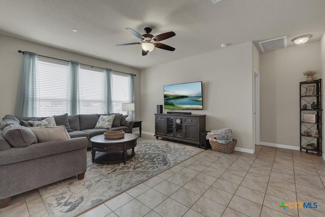 1398 Fall Cover St, New Braunfels, TX 78130 - living room with ceiling fan, light tile patterned flooring, and a textured ceiling