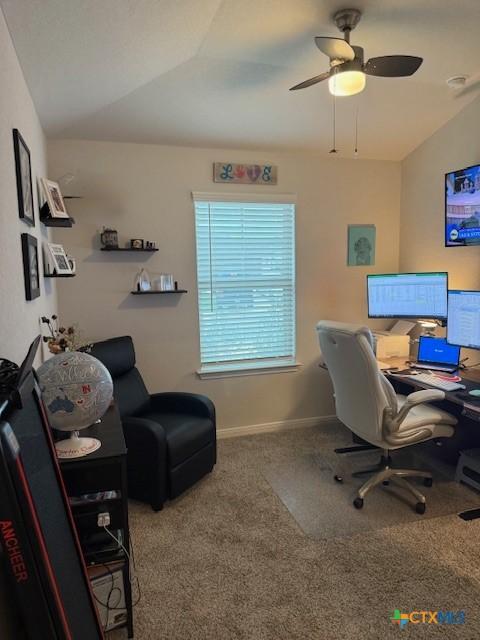 3154 Charyn Way, New Braunfels, TX 78132 - carpeted office featuring baseboards, lofted ceiling, and ceiling fan