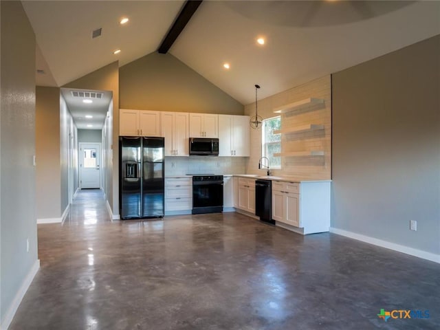 kitchen with white cabinetry, hanging light fixtures, backsplash, and black appliances