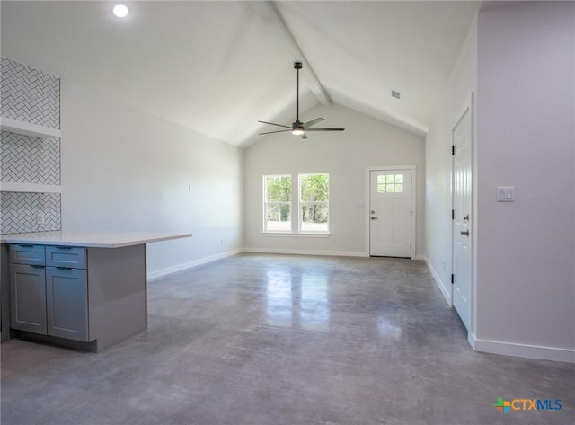 307 Cedarhill Dr, Granite Shoals, TX 78654 - unfurnished living room with concrete floors, visible vents, baseboards, lofted ceiling with beams, and a ceiling fan
