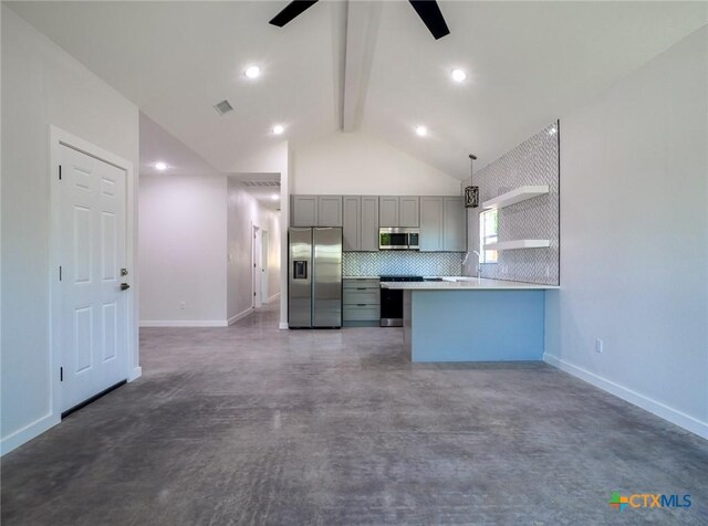 307 Cedarhill Dr, Granite Shoals, TX 78654 - kitchen with a ceiling fan, gray cabinets, light countertops, stainless steel appliances, and baseboards