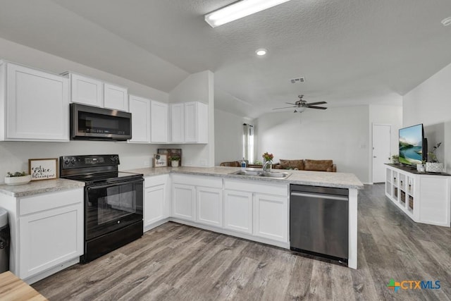 2328 Arctic Warbler, New Braunfels, TX 78130 - kitchen featuring stainless steel appliances, a peninsula, open floor plan, vaulted ceiling, and a sink