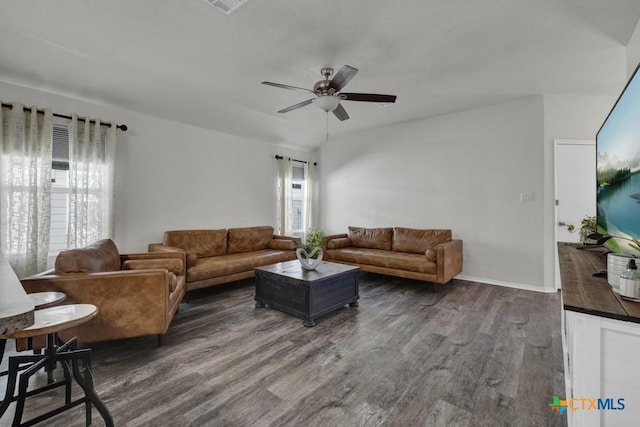 2328 Arctic Warbler, New Braunfels, TX 78130 - living area with dark wood-style flooring, a ceiling fan, and baseboards