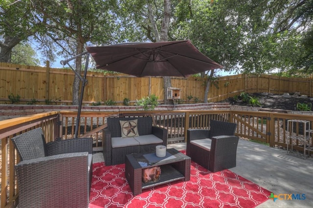 332 W Klein St, Seguin, TX 78155 - fenced backyard with an outdoor living space and a deck