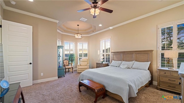 carpeted bedroom with visible vents, recessed lighting, baseboards, and crown molding