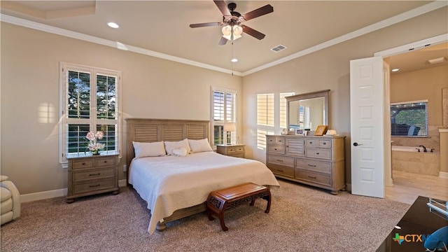bedroom with recessed lighting, visible vents, ornamental molding, and multiple windows