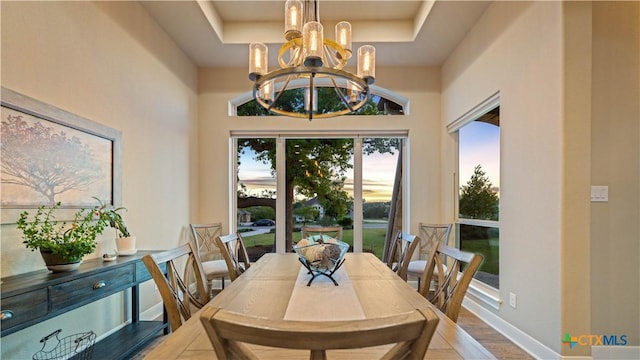 dining space with a raised ceiling, wood finished floors, and a notable chandelier