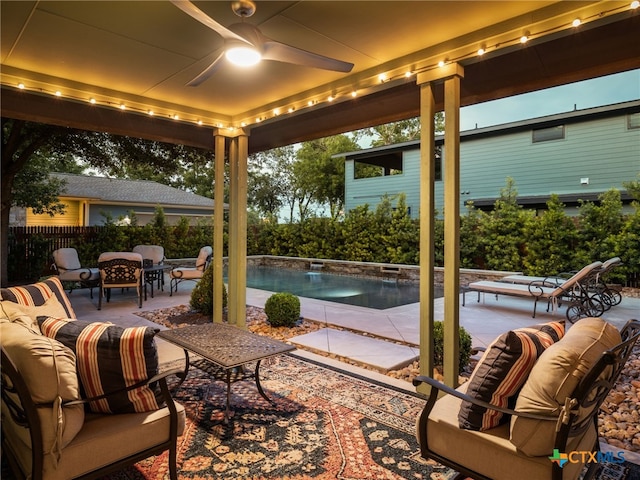 1200 Marcy St, Austin, TX 78745 - view of patio / terrace featuring a ceiling fan, an outdoor hangout area, and an outdoor pool