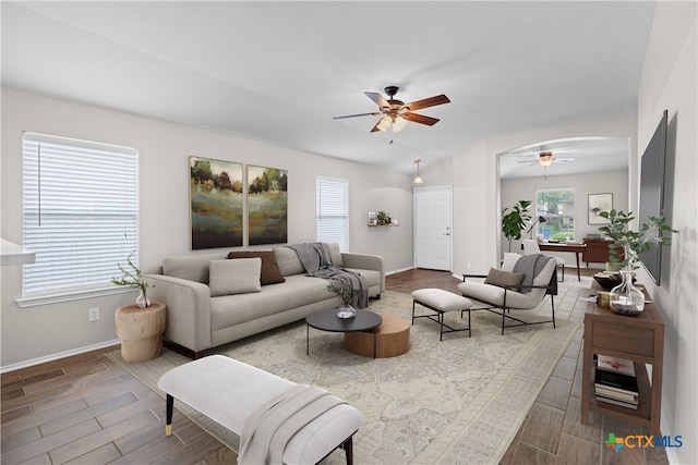 929 Darion St, New Braunfels, TX 78130 - living area with baseboards, wood finished floors, a ceiling fan, and lofted ceiling