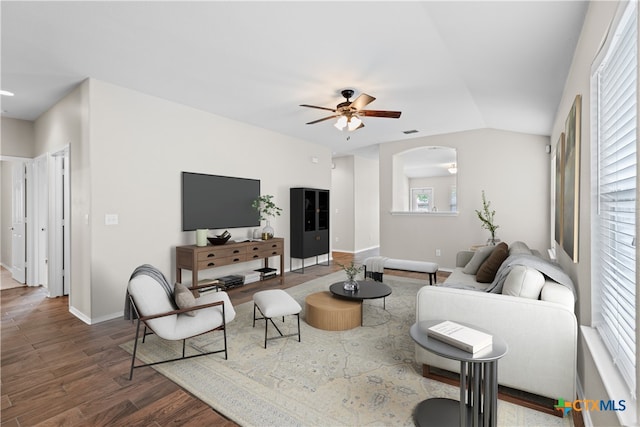 929 Darion St, New Braunfels, TX 78130 - living area with a ceiling fan, arched walkways, plenty of natural light, and wood finished floors