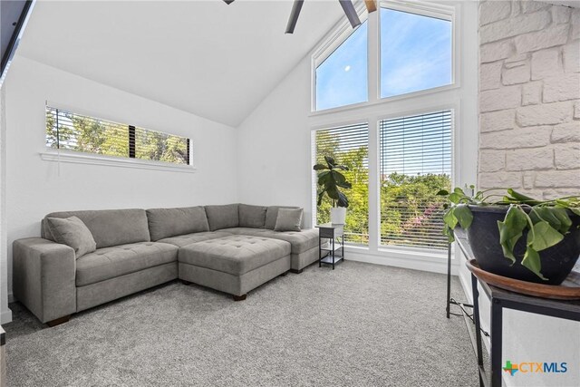 1213 Indian Trl, Salado, TX 76571 - carpeted living room featuring plenty of natural light, high vaulted ceiling, and ceiling fan