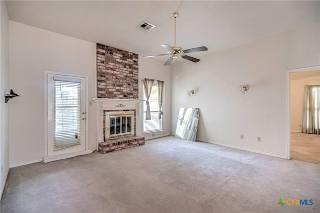 614 Sabine Cir, Temple, TX 76504 - unfurnished living room featuring carpet floors, ceiling fan, a fireplace, and baseboards