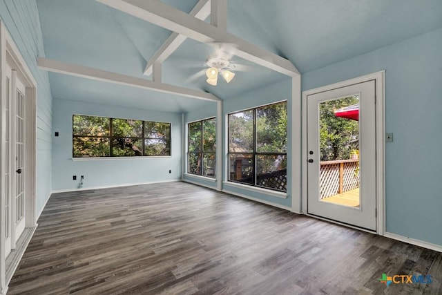 unfurnished sunroom featuring lofted ceiling with beams and a ceiling fan