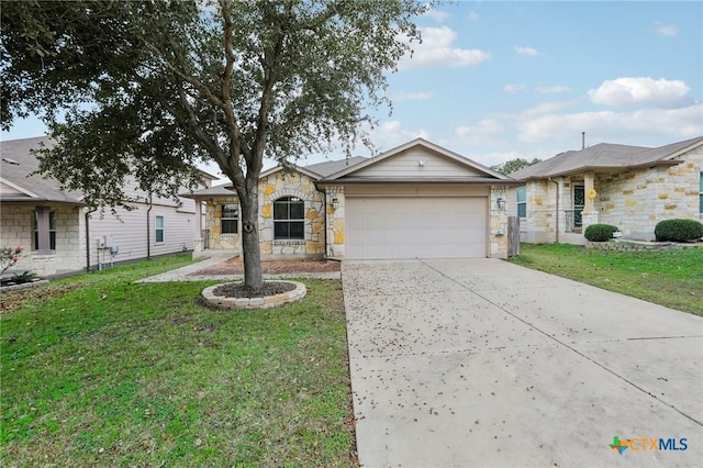 single story home featuring a garage and a front lawn