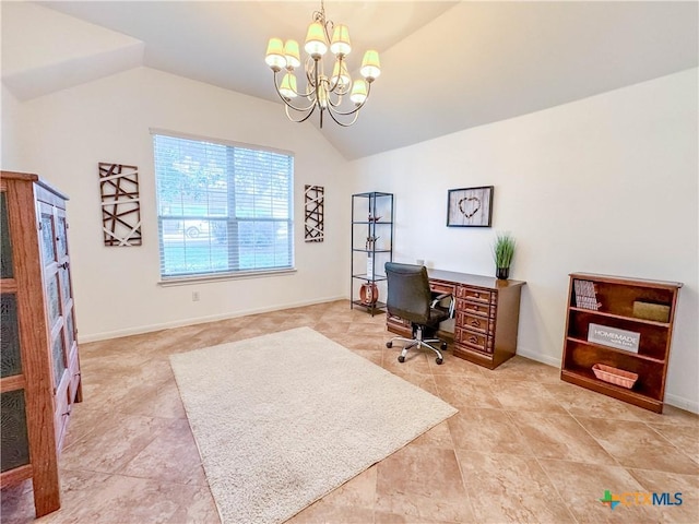 office with vaulted ceiling, a notable chandelier, and baseboards