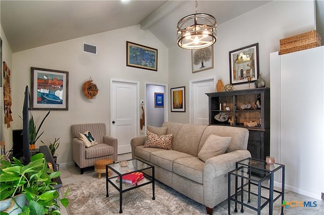 living room with lofted ceiling with beams, light tile patterned floors, and a chandelier