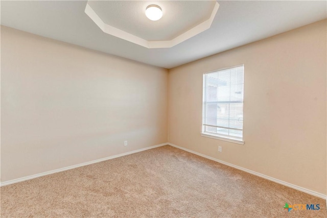 carpeted spare room with a tray ceiling