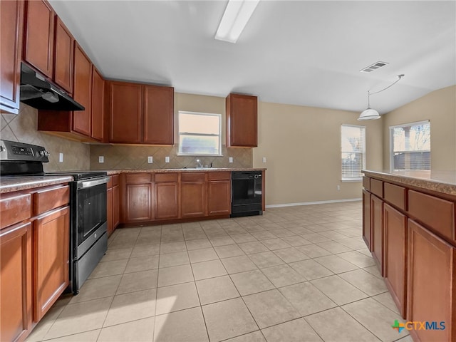 kitchen with decorative light fixtures, tasteful backsplash, dishwasher, stainless steel range with electric stovetop, and light tile patterned floors