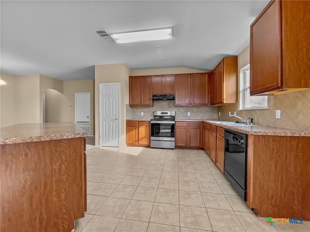 kitchen featuring electric stove, sink, light tile patterned floors, dishwasher, and backsplash