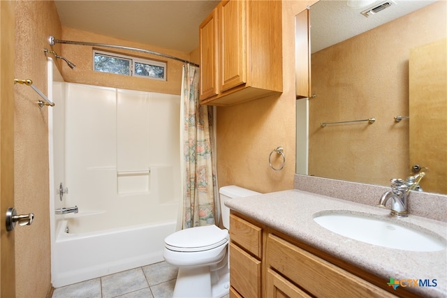 full bathroom featuring toilet, tile patterned floors, a textured ceiling, vanity, and shower / bathtub combination with curtain