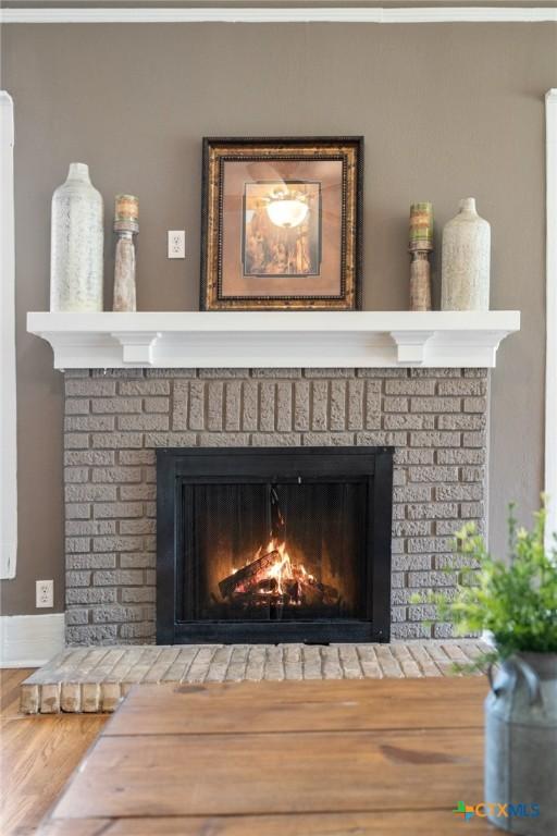 room details with wood finished floors and a fireplace