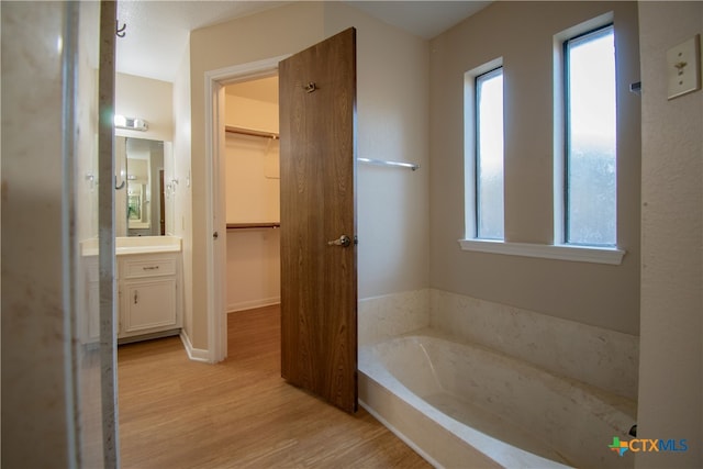 bathroom with hardwood / wood-style floors, vanity, and a washtub