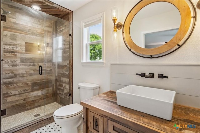 bathroom featuring vanity, a shower stall, and toilet