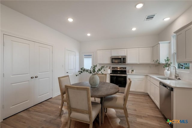 kitchen with white cabinetry, light wood-style flooring, a sink, visible vents, and stainless steel appliances
