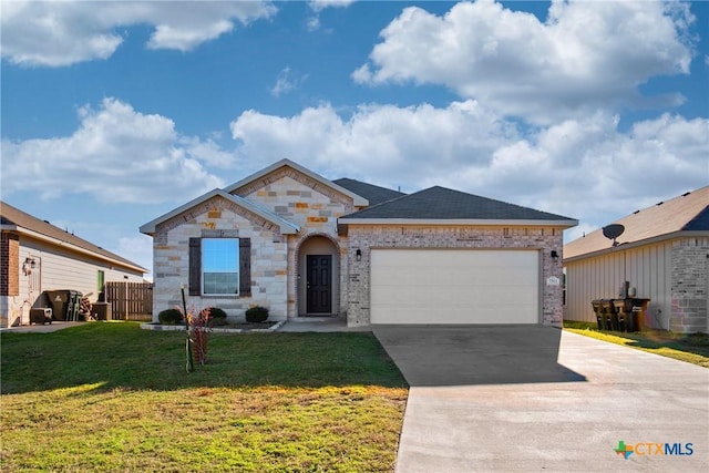 ranch-style house with a garage and a front lawn