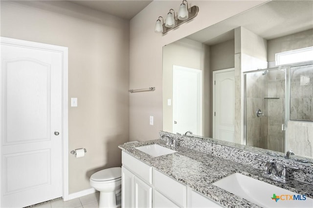 bathroom featuring tile patterned floors, vanity, toilet, and walk in shower