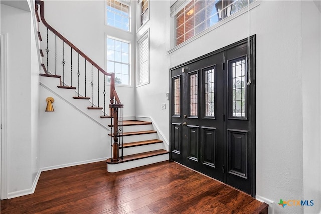 foyer entrance with a towering ceiling and dark wood-type flooring