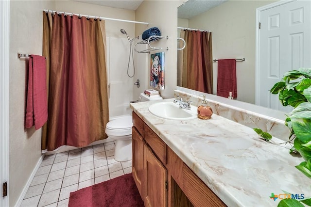 bathroom with tile patterned floors, toilet, vanity, and shower / bath combination with curtain