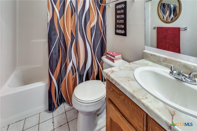 full bath with vanity, tile patterned floors, toilet, and shower / bathtub combination with curtain