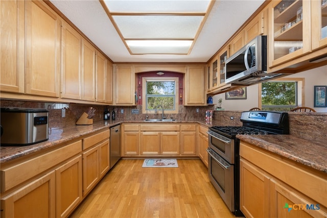 kitchen featuring stainless steel appliances, a healthy amount of sunlight, sink, and dark stone counters