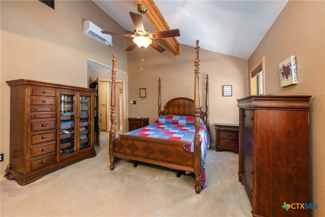 carpeted bedroom featuring a wall unit AC, lofted ceiling with beams, and ceiling fan