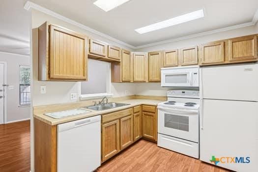 1624 Aquarena Springs Dr Unit G152, San Marcos, TX 78666 - kitchen featuring white appliances, a sink, light countertops, light wood finished floors, and crown molding