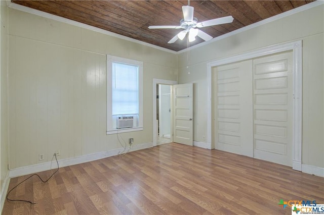 unfurnished bedroom featuring ceiling fan, light hardwood / wood-style flooring, wooden ceiling, and crown molding