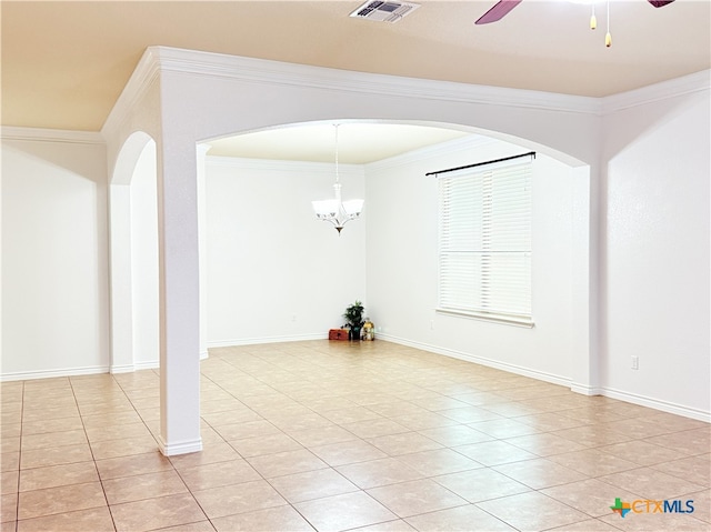 3312 Vineyard Trl, Harker Heights, TX 76548 - spare room with light tile patterned flooring, ornamental molding, ceiling fan, and a chandelier