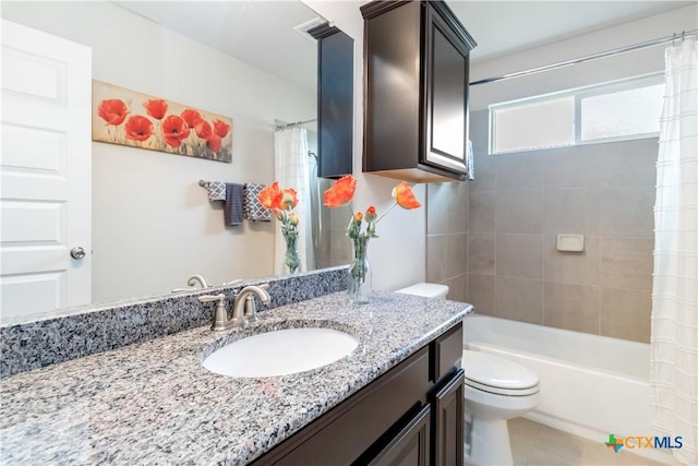 full bathroom featuring vanity, shower / bathtub combination with curtain, and toilet