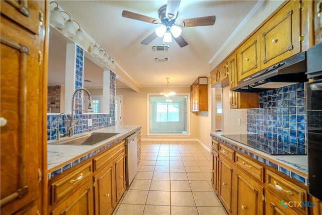 kitchen with dishwasher, sink, black electric stovetop, light tile patterned floors, and crown molding