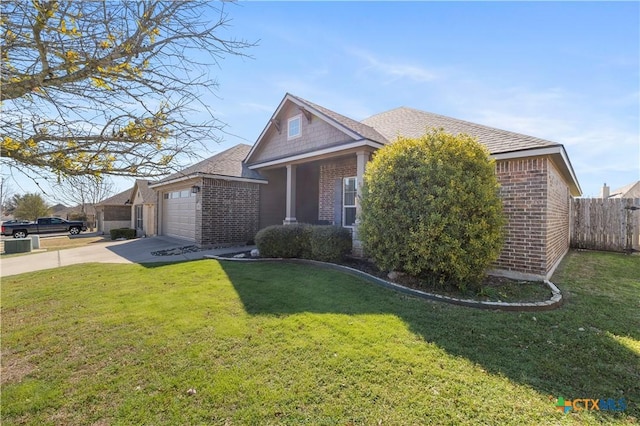 single story home with a garage, brick siding, fence, driveway, and a front yard