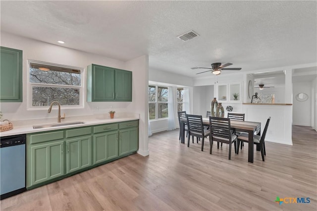 kitchen featuring light wood finished floors, visible vents, a sink, dishwasher, and green cabinetry
